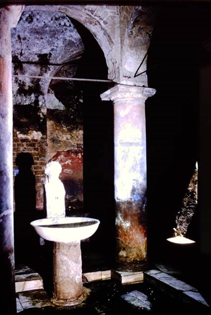 Suburban baths, Herculaneum, 1975. Atrium with fountain bust of Apollo.
Photo by Stanley A. Jashemski.
Source: The Wilhelmina and Stanley A. Jashemski archive in the University of Maryland Library, Special Collections (See collection page) and made available under the Creative Commons Attribution-Non Commercial License v.4. See Licence and use details. J75f0727